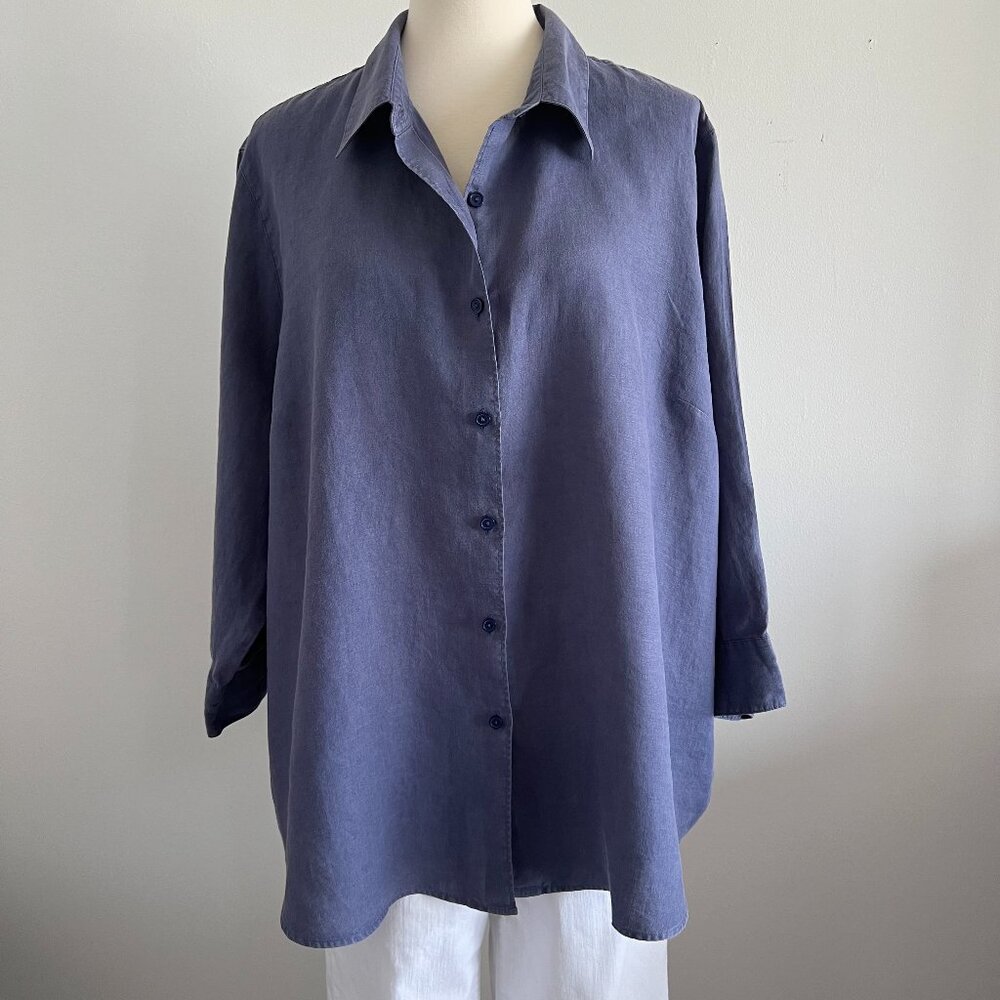 LLBean 100% Linen, Blue, 3/4 Sleeve.  Plus size - See Measurements.